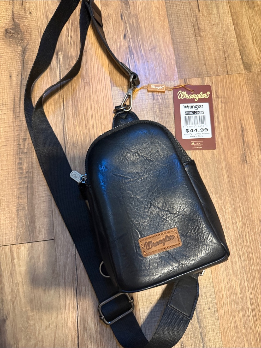 Wrangler Black Faux Leather Sling Bag with Brown Logo Patch